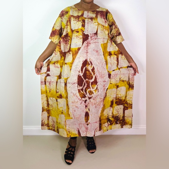 African Print Ankara Yellow Multicolor Cotton Tie Dye Midi Kaftan Dress - Picture 2 of 9